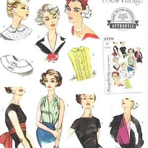 May include: Simplicity 1950s vintage sewing pattern featuring illustrations of women's fashion designs. The pattern includes various styles, such as dresses and tops, with the text "easy-to-sew" and "authentic". The pattern is one size and printed in the USA.