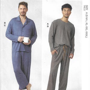 May include: McCall's sewing pattern M8616 featuring pajama sets. The pattern includes options for a button-down shirt and pants in blue, and a long-sleeved shirt and pants in gray. Sizes available are A (S-M-L-XL-XXL-XXXL).