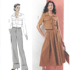May include: Butterick sewing pattern B7061 featuring illustrations of women's clothing. The pattern includes a cropped jacket and skirt ensemble in a warm brown color, and a white jacket with plaid pants. Size N5 (10-12-14-16-18).
