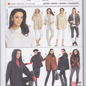 May include: A sewing pattern for a jacket with a hood. The pattern includes four different variations of the jacket, with different sleeve lengths and closures. The pattern is available in sizes 12-24 and 38-50. The pattern is called "Burda Easy" and the pattern number is 7700.