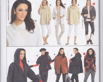 Burda Pattern 7700  Loose Fitting Cardigan Style Jacket Has Asymmetrical Front, Stand Collar or Hood, Pocket Variations Misses' 12 - 24