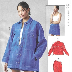 May include: McCall's sewing pattern M8561. The pattern features a denim jacket and skirt. The main image shows a woman wearing a blue denim jacket and skirt. The pattern includes multiple view options with simple instructions.