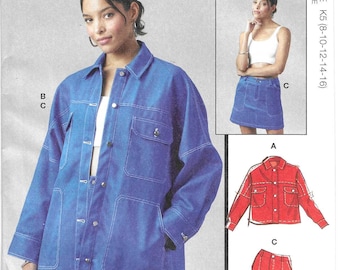 McCall's Pattern M8561 Misses' Loose-Fitting Jackets in Two Lengths w/ Collar Button Front Patch Pockets Seam Details & Short Skirt