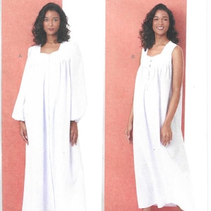 May include: A Butterick sewing pattern, B7062, featuring two white nightgown designs. One is long-sleeved, the other sleeveless. The pattern includes sizes XS-XXL. The image is set against a pink background.
