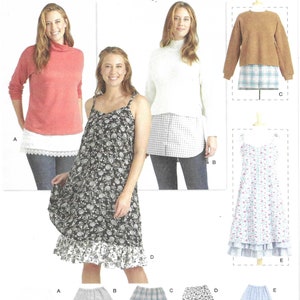 May include: A sewing pattern for five different skirts. The pattern is called Simplicity S9730 and is labeled "easy-to-sew". The skirts are shown in different colors and patterns, including floral, plaid, and gingham.