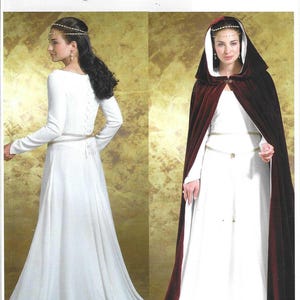 May include: A sewing pattern from Butterick B4377 featuring a medieval-style dress with long sleeves and a flowing skirt. The pattern includes a hooded cape in a deep burgundy color. The dress has a fitted bodice and a detailed back.