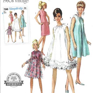May include: Vintage sewing pattern for a 1960s style dress. The pattern is Simplicity 7340 and includes three different dress styles. The dress styles are a pink sleeveless dress, a white sleeveless dress with a feather trim, and a light blue sleeveless dress. The pattern is for sizes 8-16.