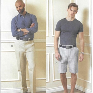 May include: Vogue Patterns sewing pattern V1896. The pattern features two men's outfits: a button-down shirt and trousers, and a t-shirt and striped shorts. The pattern is designed and printed in the USA.