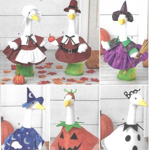 May include: Simplicity sewing pattern S3186 for one size goose costumes. Includes six variations: a pilgrim couple, a witch with a broom, a wizard with stars, a pumpkin with green stem, and a ghost with the text Boo. Features white geese.