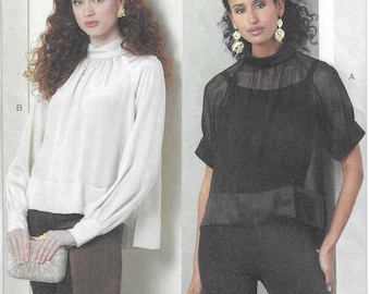 Vogue Pattern V2090 Pullover Blouse has Rolled Collar, Gathered Neckline, Raglan Sleeves, Sleeve Variations, Hi-Low Hem Misses' Sizes
