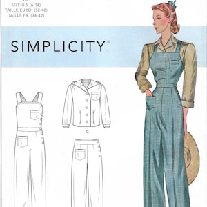 May include: Vintage Simplicity sewing pattern S8447 from the 1940s. The pattern includes options for overalls, a jacket, and pants. The image shows a woman wearing the overalls. The pattern sizes are U.S. 6-14.
