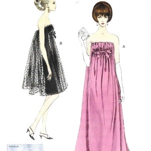 May include: Vogue Patterns sewing pattern featuring two strapless evening gowns. One gown is a long, flowing pink dress with a bow, and the other is a short black dress with a polka dot overlay. The pattern is a reissue from 1966.