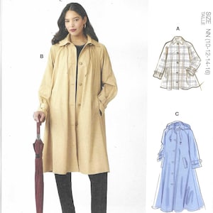 May include: McCall's sewing pattern M8655 for a coat in sizes 10-16. The pattern features three variations: a tan knee-length coat with a collar, a plaid jacket with a collar, and a long blue hooded coat with a drawstring waist and button front.