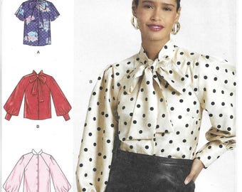 Simplicity Pattern S3195 Blouse with Stand Collar, Optional Tie Bow, Raglan Sleeves with Length Variations Misses' Sizes