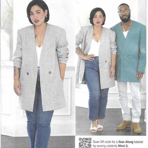 May include: A Simplicity sewing pattern featuring a long, light gray blazer with two buttons, paired with blue jeans. The pattern includes sizes XS-XXL. The image also shows a teal blazer and a white top.