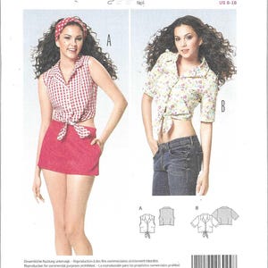 May include: A sewing pattern for two wrapped blouses. One blouse is sleeveless with a red and white checkered pattern, and the other is short-sleeved with a floral print. The pattern includes sizes EUR 32-42 and US 6-16.