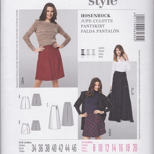 May include: A Burda Style sewing pattern featuring illustrations of skirts and pants. The cover shows women wearing the garments, including a red skirt and a long black skirt. Sizes are listed in US and EUR measurements.