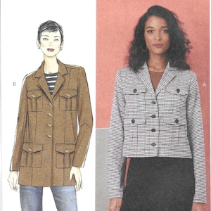 May include: Butterick sewing pattern B7059 featuring two jacket designs. One is a brown, long-sleeved jacket with multiple pockets. The other is a cropped, black and white checkered jacket. The pattern size is C6 (8-10-12-14-16-18).