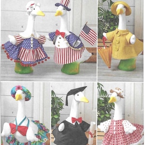 May include: Simplicity sewing pattern S3158 for fabric goose covers. The pattern includes six variations: a patriotic dress, a patriotic vest with a flag, a yellow raincoat with an umbrella, a floral skirt, a graduation gown, and a red plaid dress.