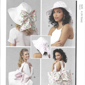 May include: McCall's M8597 sewing pattern envelope featuring four variations of hats and tote bags. The designs include wide-brimmed hats and structured tote bags, some accented with large fabric bows and floral patterns in pink and green.