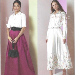 May include: Vogue Patterns sewing pattern featuring two dress designs. One dress is a white button-down shirt with a floral print, and the other is a white shirt and a long magenta skirt. The pattern size is B5 (8-10-12-14-16).