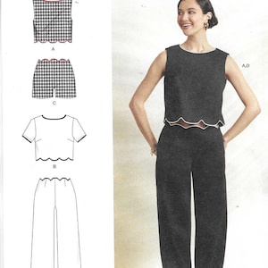 May include: Simplicity sewing pattern S3141. The pattern includes a sleeveless top and wide-leg pants. Also shown are a houndstooth vest and shorts. The pattern is designed and printed in the USA.