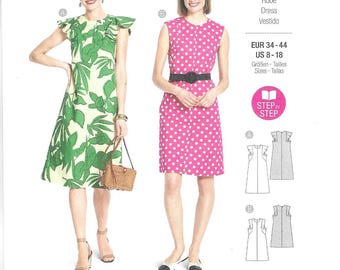 Burda Pattern 5719 Lined A-Line Dresses are Sleeveless with Shoulder Ruffle or Flange and Length Variations Misses' Sizes 8 - 18