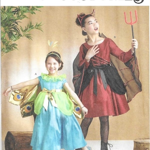 May include: Simplicity Costumes pattern featuring two children's costumes. One is a blue dress with butterfly wings, the other a red dress with a black cape and devil horns. The pattern is designed and printed in the USA.