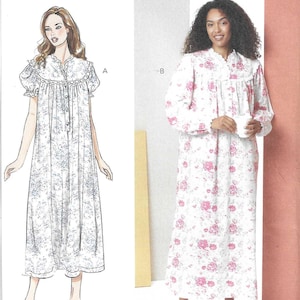 Butterick Pattern B7015 Trimmed Nightgowns Have Split Neckline, Button Front, Yokes with Sleeve and Hem Length Variations Misses&#39; XS - XXL