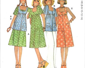 McCall's Pattern M8570 1970's Vintage Dress, Jumper or Top with Square Neckline, Empire Waist, Button Front and Pockets Misses' Sizes