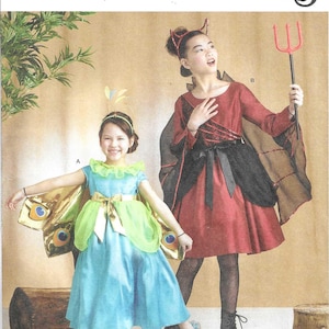 May include: Simplicity Costumes pattern featuring two children's costume designs. One is a peacock costume with a blue dress and gold wings. The other is a devil costume with a red dress and a pitchfork. The pattern size is U.S. 3-6.