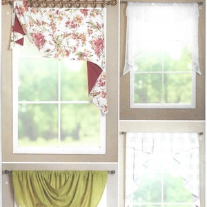 May include: Simplicity sewing pattern S9571 for window treatments. The envelope displays four curtain styles: a floral print valance with a solid red lining, a solid olive green swag valance, and two variations of white sheer pointed valances.