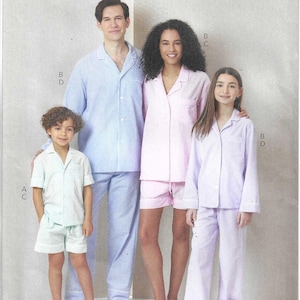 May include: Butterick pattern B7030 for pajamas in sizes XS-XL. The envelope displays four individuals wearing various seersucker pajama sets in light blue, pink, mint green, and lavender, featuring button-down shirts and matching shorts or pants.