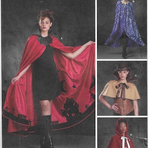 May include: Simplicity sewing pattern S9008 features costume designs. The image shows a woman wearing a red cape with a black collar and a black dress. Other costume options include a purple cape and a tan cape.