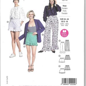 May include: A Burda Easy sewing pattern featuring three women modeling different garments. The pattern includes options for pants, shorts, and a top. The size range is US 8-18. The text on the pattern reads "super easy".