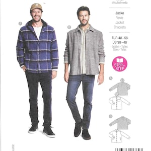May include: A Burda Style pattern cover featuring two men modeling jackets. The cover includes the Burda Style logo, pattern details, and the text "ALL PATTERNS WITH SEAM AND HEM ALLOWANCES". The jackets are a blue plaid hooded jacket and a gray jacket.