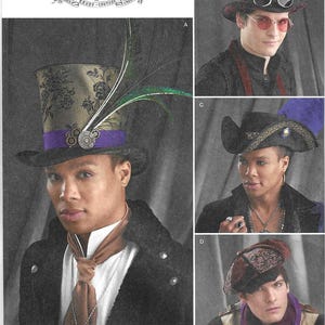 May include: Simplicity sewing pattern 8713 for headwear including a tall top hat with floral fabric, a purple band, and feathers, a shorter top hat with goggles, a wide-brimmed hat with a purple plume, and a flat cap with a patterned fabric panel.