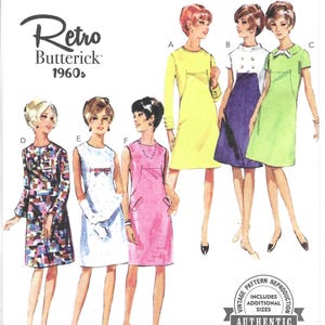 May include: Butterick Retro 1960s sewing pattern featuring six different dress designs. The pattern includes a yellow dress, a white and purple dress, a green dress, a patterned dress, a white dress with a bow, and a pink dress. The pattern is size N5 (10-12-14-16-18).