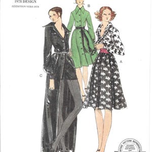 May include: Vogue Patterns sewing pattern featuring three vintage fashion designs from 1978. The illustration shows a long black coat, a green button-down dress, and a black and white patterned skirt and jacket. The pattern includes size options.