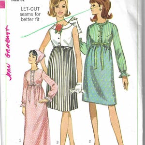 May include: Vintage Simplicity maternity sewing pattern 6463. The pattern features three different dress designs, including a pink polka dot dress, a striped dress, and a green dotted dress. The pattern includes the text "LET-OUT seams for better fit".