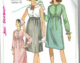 Simplicity Pattern 6463 Vintage 1966 Maternity Dress Has Buttoned Bodice, Empire Waist, Sleeve & Length Variations, Scarf, Size 10, Bust 31"