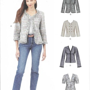 May include: New Look sewing pattern N6789 for a jacket in sizes U.S. 8-18. The pattern features five variations, including a tweed jacket with fringe trim, a button-front jacket, a V-neck jacket with lace trim, and a short-sleeved jacket design.