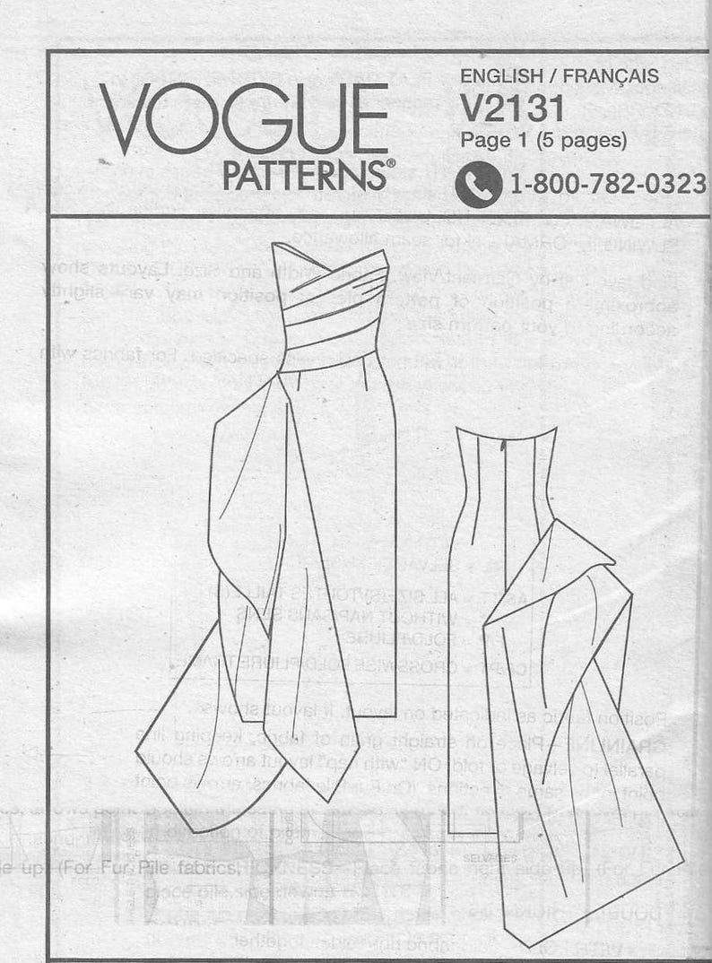 May include: Line drawing of a strapless dress with a draped design, from a Vogue Patterns sewing pattern. The pattern number is V2131, and the page number is 1 of 5. The text "VOGUE PATTERNS" is at the top.