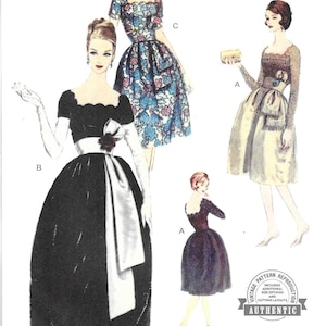 May include: Vintage Vogue Patterns advertisement featuring illustrations of women's dresses. The image includes the text "V2101 SIZE/TAILLE H5 (6-8-10-12-14)" and "REISSUE CIRCA 1958 DESIGN". The dresses are in various styles, including a black ball gown and a floral print dress.