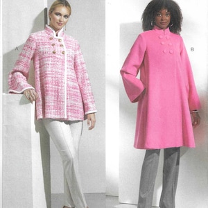 May include: Vogue Patterns sewing pattern V1866. The image shows two women modeling different coat designs. One is a pink and white tweed jacket with gold buttons, and the other is a bright pink coat with large buttons. The pattern size is A5.