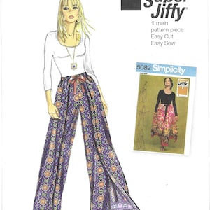 May include: A sewing pattern for a pair of wide-legged pants with a tie at the waist. The pattern is from Simplicity and is called "Super Jiffy". The pattern is for one size and is easy to sew.