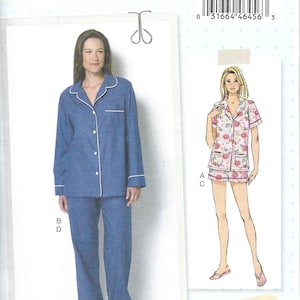 May include: A sewing pattern for pajamas by Lisette, B6296. The pattern includes a long-sleeved pajama set in blue with white trim and a floral short-sleeved pajama set. The pattern size is A5 (6-8-10-12-14).