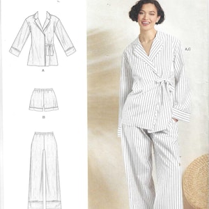 May include: Simplicity pattern S3143 featuring a pajama set with a striped design. The set includes a long-sleeved wrap top with a tie, shorts, and wide-leg pants. The pattern is designed and printed in the USA.