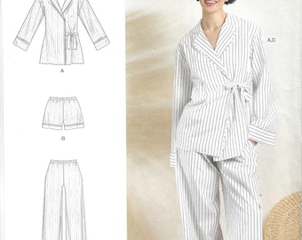 Simplicity Pattern S3143 Pajamas Wrap Front Top w/ Tie Closure, Long Sleeves, Bias Piping Trim and Pull On Shorts or Pants Misses' XS - XXL