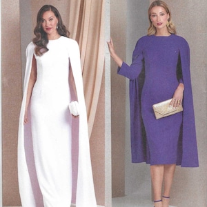May include: Vogue Patterns sewing pattern V1982. The image shows two women wearing dresses with capes. One dress is white, the other is purple. The pattern includes sizes B5 (8-10-12-14-16).